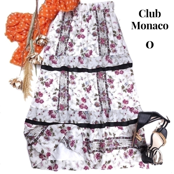 New Club Monaco White Pink Floral Layered Maxi Skirt Sz 0 - Picture 1 of 16